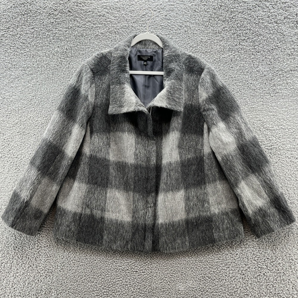 Talbots Coat Womens 22W Gray Plaid Wool Alpaca Blend Crop Swing Relaxed Full Zip